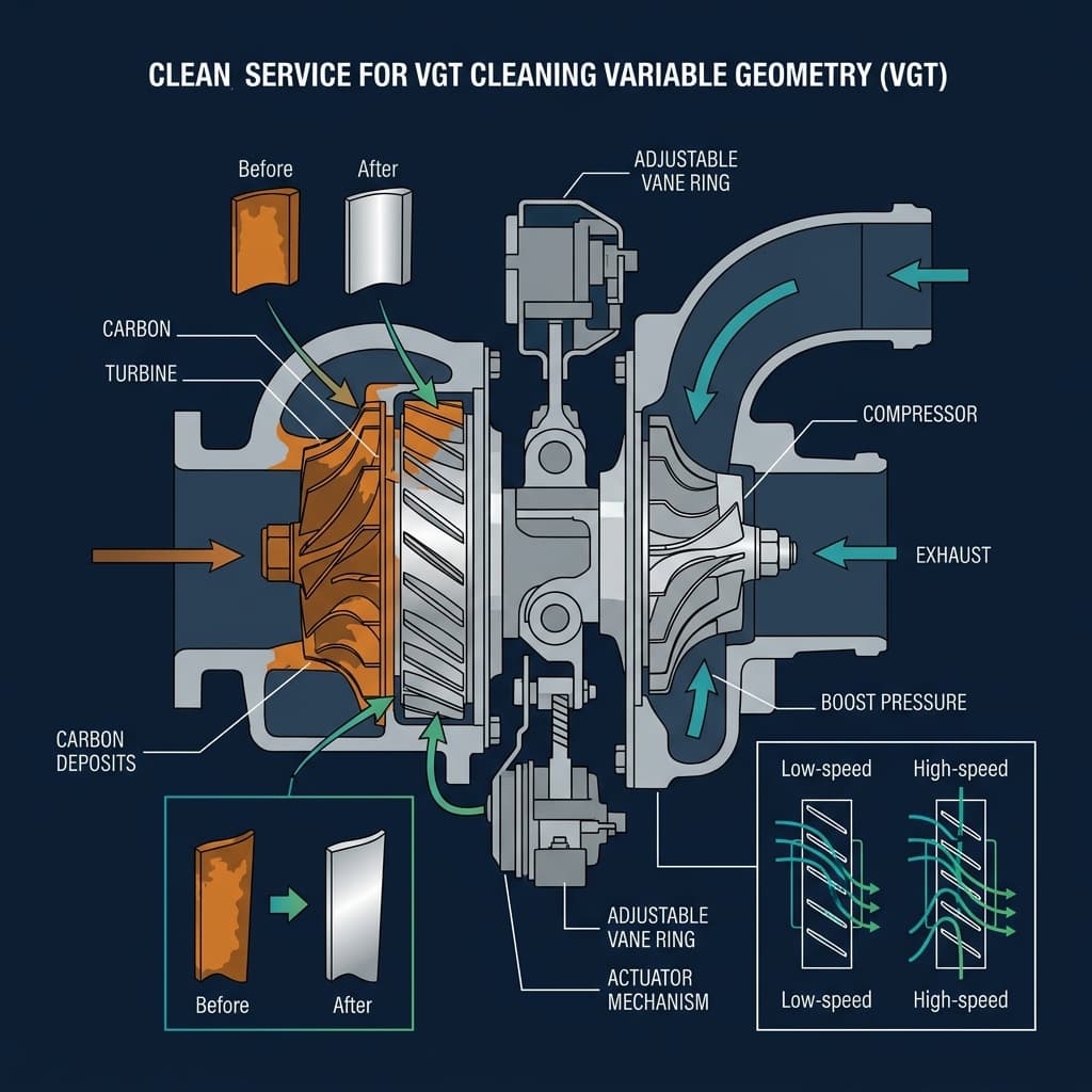 Turbocharger being cleaned of carbon deposits by a professional technician
