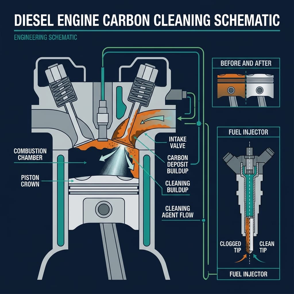 Diesel engine being cleaned of carbon deposits by a professional technician