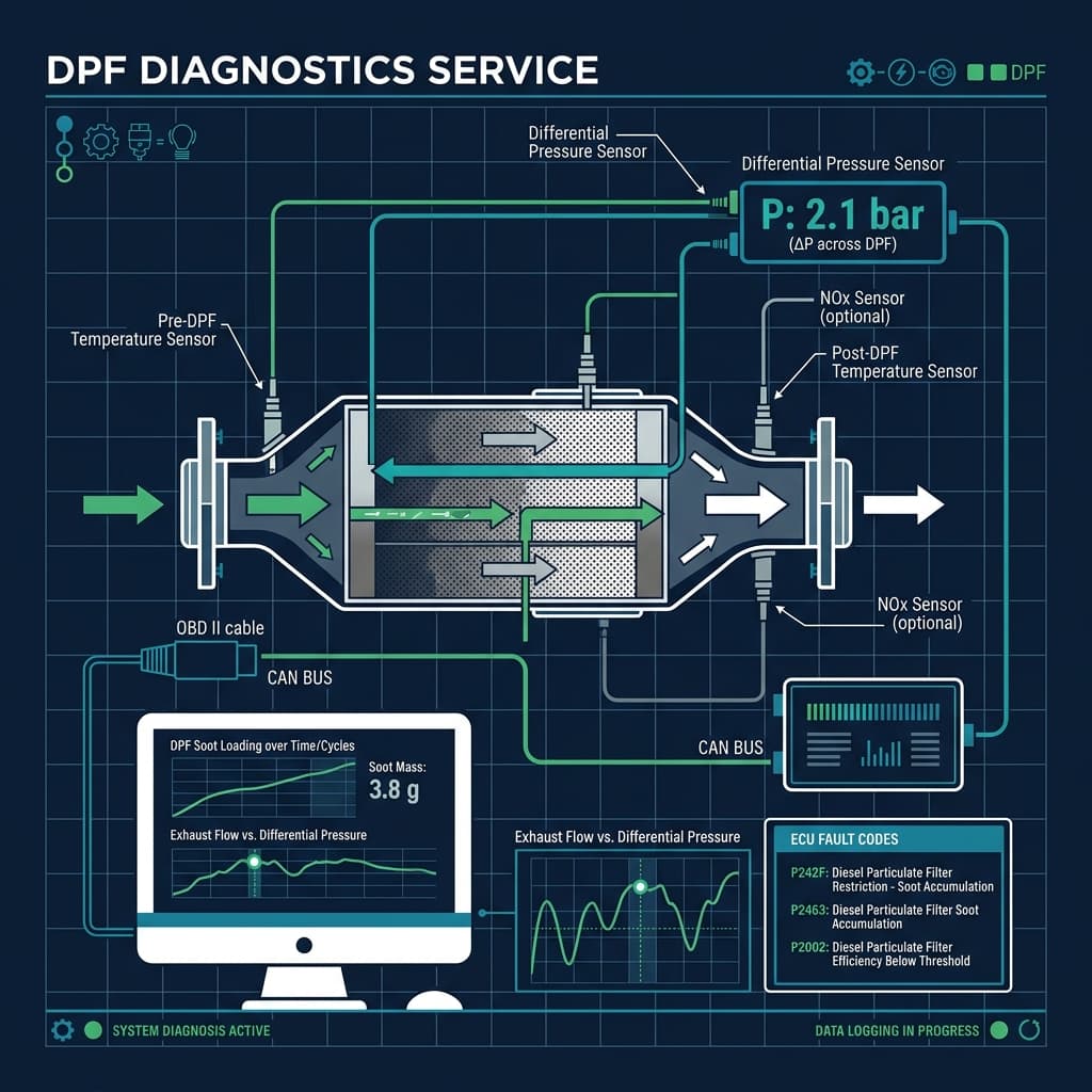 DPF diagnostic technician running system tests on a diesel truck